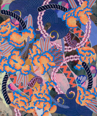 Self Decoration #13, KOHEI KYOMORI, 2026Acrylic, Printed washi paper, Resin, Mineral pigments on canvas60.0 × 50.0 × 4.0 cm