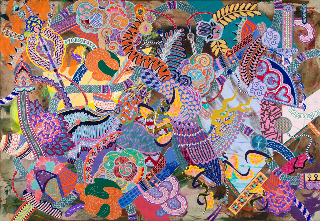 Self Decoration #16, KOHEI KYOMORI, 2026Acrylic, Printed washi paper, Resin, Mineral pigments on canvas162.5 × 112.0 × 3.0 cm