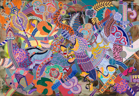 Self Decoration #16, KOHEI KYOMORI, 2026Acrylic, Printed washi paper, Resin, Mineral pigments on canvas162.5 × 112.0 × 3.0 cm