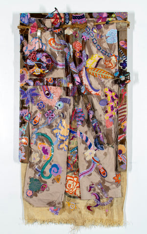 Covered Remains #5, KOHEI KYOMORI, 2026Wood, Steel, Found materials, Used clothing, Printed washi paper and resin118.0 × 60.0 × 12.4 cm