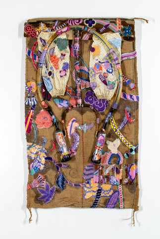 Covered Remains #6, KOHEI KYOMORI, 2026Wood, Steel, Found materials, Used clothing, Jute sack printed washi paper and resin97.5 × 58.0 × 8.0 cm