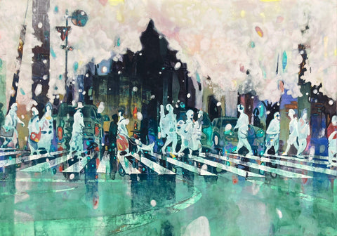 Sakura Falling, KOSUKE HARASAWA, 2025Mineral pigments, Ink, Silver leaf on Japanese paper mounted on wooden board51.5 × 72.8 cm