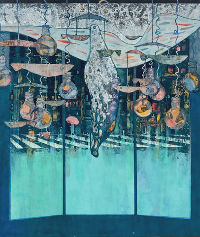 Whale over the City, KOSUKE HARASAWA, 2025Mineral pigments, Ink, Silver leaf on Japanese paper mounted on wooden board53.0 × 45.5 cm