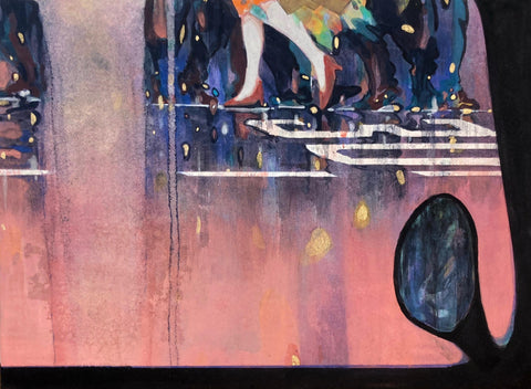 Strutting, KOSUKE HARASAWA, 2025Mineral pigments, Ink, Gold pigment, Silver leaf on Japanese paper mounted on wooden board33.3 × 45.5 cm