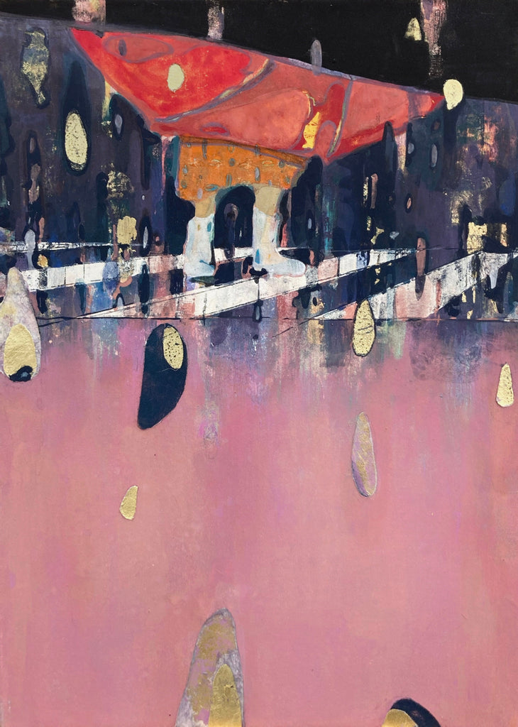 Rain Boots, KOSUKE HARASAWA, 2025Mineral pigments, Ink, Gold leaf on Japanese paper mounted on wooden board33.3 × 24.2 cm