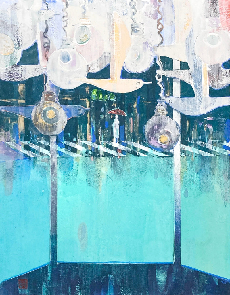 City and Seagulls, KOSUKE HARASAWA, 2025Mineral pigments, Ink, Gold leaf on Japanese paper mounted on wooden board41.0 × 31.8 cm