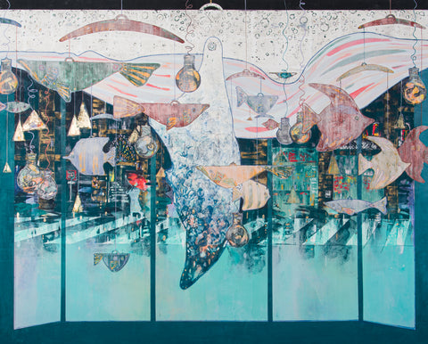 A Whale Watching the City, KOSUKE HARASAWA, 2026Mineral pigments, Ink, and silver leaf on Japanese paper mounted on wooden board130.3 × 162.0 cm