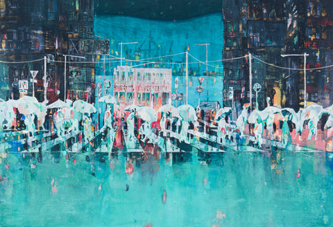 Hong Kong streets, KOSUKE HARASAWA, 2026Mineral pigments, Ink, and silver leaf on Japanese paper mounted on wooden board80.5 × 116.9 cm
