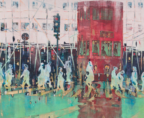 Tram and Bamboo, KOSUKE HARASAWA, 2026Mineral pigments, Ink, and silver leaf on Japanese paper mounted on wooden board60.6 × 72.7 cm
