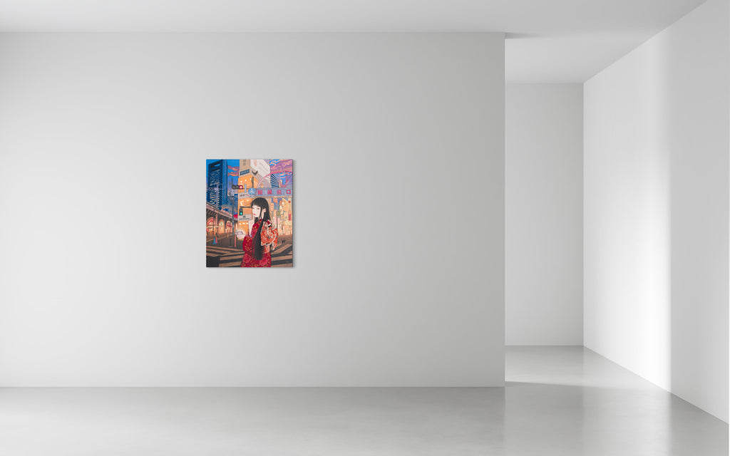 Tokyo Twilight Labyrinth, MIKI KATOH, 2024Acrylic gouache, Canvas91.0 × 72.7 cm This is the mysterious entrance of Shinbashi, where at twilight the gates to another realm open. Come, let us share a drink—but be warned, what sits beside you may not be human. You do not know who I am.A fast-asleep drunken dragon drops a glowing orb—an all-powerful treasure granting any wish. Once stolen by a wicked dragon, it is now my secret prize, reclaimed in silence. The foolish dragon cries, wailing for its missing orb. So then, what shall I wish for?At the twilight hour, a mysterious alley appears in Shinbashi. This fantastical tale about a jewel dropped by a drunken dragon draws inspiration from the legend of “Tama-Orihime” of Sanuki, reimagined in modern Tokyo.Set in Shinbashi, a city steeped in intoxication and desire, the story is told from the perspective of a mysterious narrator encountering beings beyond humans.At the heart of this piece is the power held within the orb, and the question of what one truly wishes for upon possessing it—a reflection on human vulnerability and strength.Blending myth with modernity, the work becomes a prayer and beacon of hope for navigating a chaotic age.