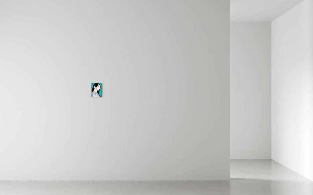 SAIKA3 YURIROKUSHO, MIKI KATOH, 2024Gouache, Natural mineral pigments, Dyed mud pigment, Watson paper, Wood panel22.8 × 16.0 cm “Saika” is a series that celebrates the joy of color.Though composed with the same structure, subtle differences in color and pattern shift the impression—inviting the viewer to explore their personal preferences.The “large-head portraits” (ōkubi-e) of the Edo period were hugely popular for depicting beloved actors and courtesans in dramatic close-ups. Techniques like kirazuri, which added shimmering mica to pigments, enhanced the viewer’s enjoyment.Similarly, the “Saika” series presents vivid bust portraits of women in gouache, allowing close observation of their expressions. The vibrant patterns serve as accents within a space, while the mineral pigments used in the background offer a uniquely shimmering texture—an experience only possible when seen in person.These works transform traditional Japanese beauty into contemporary art. That is the essence of “Saika.”This piece, *Saika No.3 Yurirokushō*, features lilies. The name comes from the pale blue used in the background, which evokes the color of rokusho pigment.