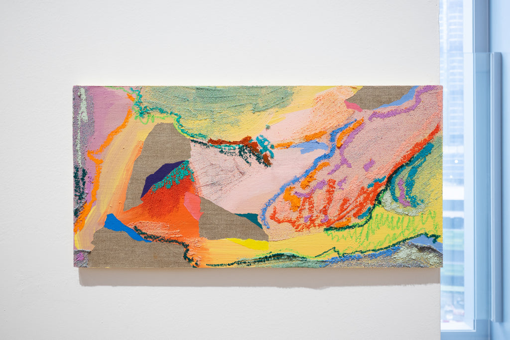 Which branch can it rely on?,…, NURIA MORA, 2025Acrylic, Sand and oil on linen on wood25.0 × 51.0 cm