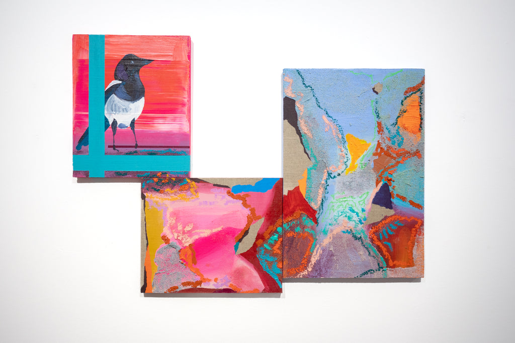 Three for a wedding…, NURIA MORA, 2025Acrylic, Sand and oil on linen on wood22.0 × 27.0 + 27.0 × 22.0 + 27.0 × 40.0 cm