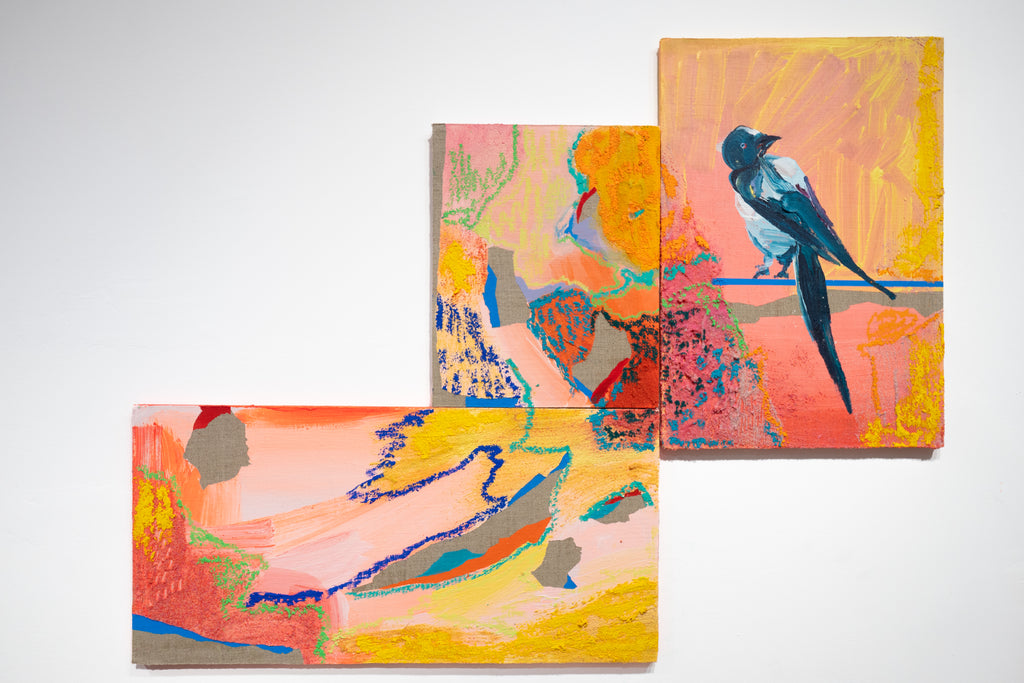 Three for a wedding yellow, NURIA MORA, 2025Acrylic, Sand and oil on linen on wood22.0 × 27.0 + 27.0 × 22.0 + 27.0 × 40.0 cm