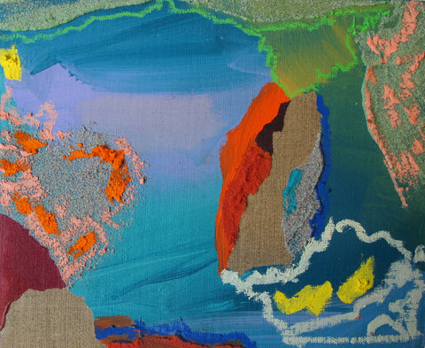 Here flowing fall, And chide, and call, NURIA MORA, 2025Acrylic, Sand and oil on linen on wood22.0 × 28.0 cm