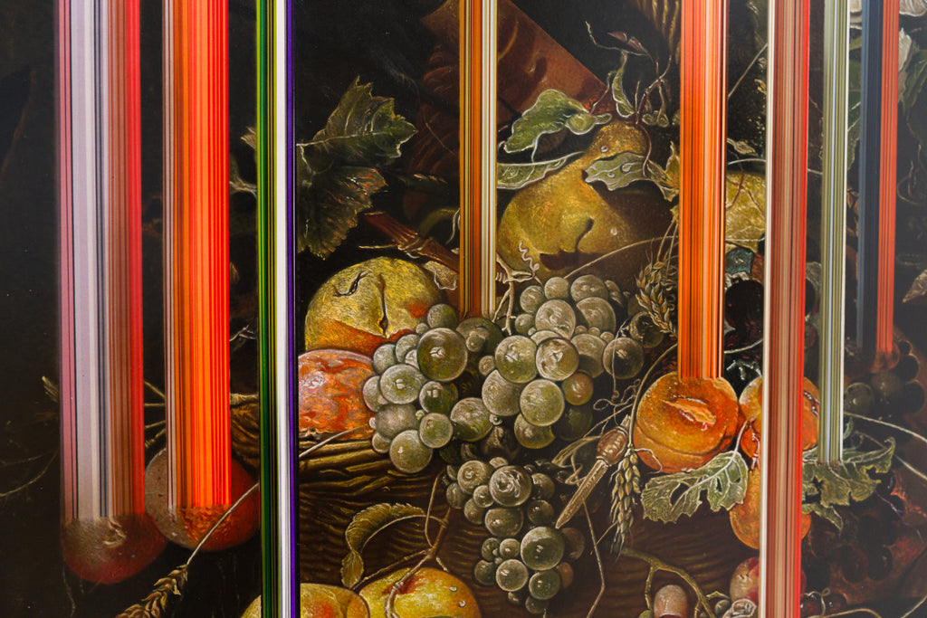 Flower in a Carafe, A Copper Basin with Glasses, Fruits, Tralli and a Glass Bottle, OLAN VENTURA, 2022Acrylic on canvas121.92 × 91.44 cm