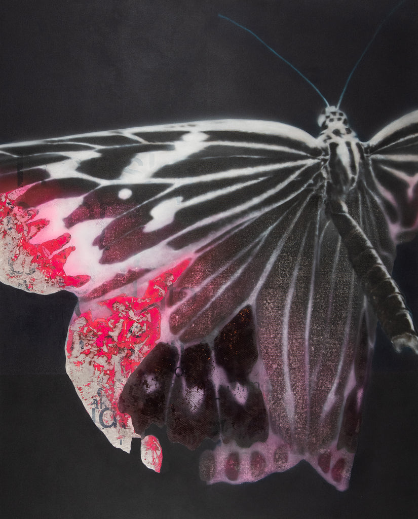 Cyborg Butterfly 1, YOSHIAKI NAKAMURA, 2026Panel, Acrylic paint, Washi paper, Silver leaf, Dye, Vermilion, Copper wire, Hologram powder, Carbon fiber, Bone conduction speaker, Fluorescent pigment on panel162.0 × 130.3 cm