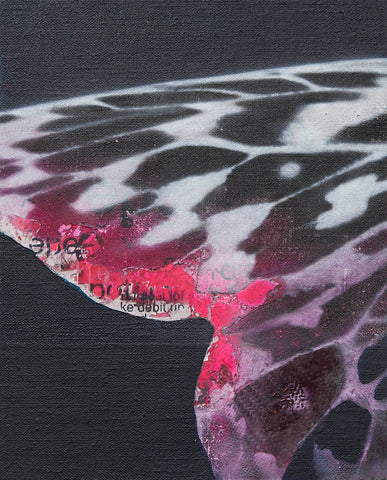 Cyborg Butterfly 2, YOSHIAKI NAKAMURA, 2026Acrylic paint, Washi paper, Silver leaf, Dye, Vermilion, Copper wire, Hologram powder, Carbon fiber, Bone conduction speaker, Fluorescent pigment on framed canvas, Oil paint27.2 × 22.0 cm
