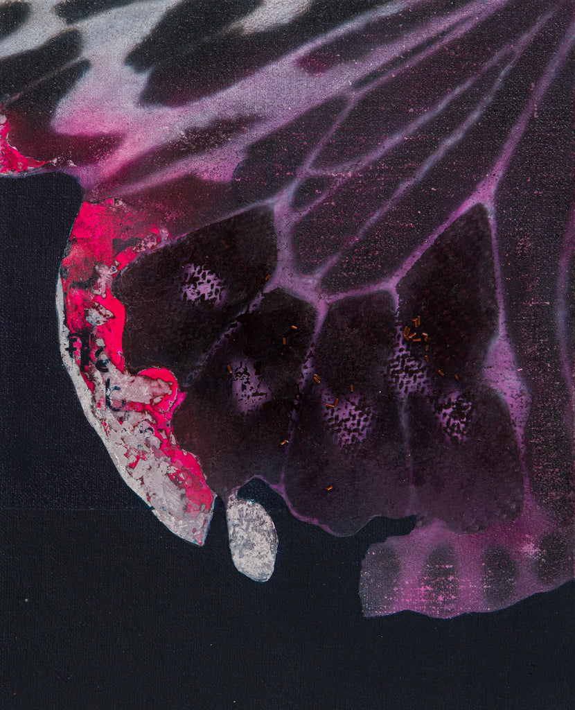 Cyborg Butterfly 3, YOSHIAKI NAKAMURA, 2026Acrylic paint, Washi paper, Silver leaf, Dye, Vermilion, Copper wire, Hologram powder, Carbon fiber, Bone conduction speaker, Fluorescent pigment on framed canvas, Oil paint27.2 × 22.0 cm
