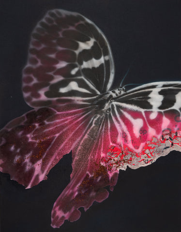 Cyborg Butterfly 5, YOSHIAKI NAKAMURA, 2026Acrylic paint, Washi paper, Silver leaf, Dye, Conductive ink, Copper wire, Hologram powder, Carbon fiber, Bone conduction speaker, Fluorescent pigment, Stitched burlap canvas, Oil paint116.7 × 91.0 cm