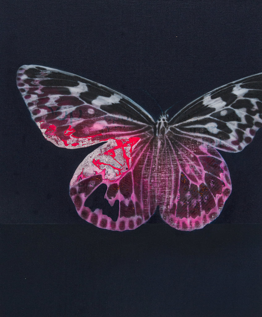 Cyborg Butterfly 6, YOSHIAKI NAKAMURA, 2026Acrylic paint, Washi paper, Silver leaf, Dye, Conductive ink, Copper wire, Hologram powder, Carbon fiber, Bone conduction speaker, Fluorescent pigment, Stitched burlap panel, Oil paint72.7 × 60.6 cm