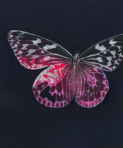 Cyborg Butterfly 6, YOSHIAKI NAKAMURA, 2026Acrylic paint, Washi paper, Silver leaf, Dye, Conductive ink, Copper wire, Hologram powder, Carbon fiber, Bone conduction speaker, Fluorescent pigment, Stitched burlap panel, Oil paint72.7 × 60.6 cm