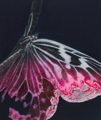Cyborg Butterfly 7, YOSHIAKI NAKAMURA, 2026Acrylic paint, Washi paper, Silver leaf, Dye, Conductive ink, Copper wire, Hologram powder, Carbon fiber, Bone conduction speaker, Fluorescent pigment, Framed burlap canvas, Acrylic, Oil paint72.7 × 60.6 cm