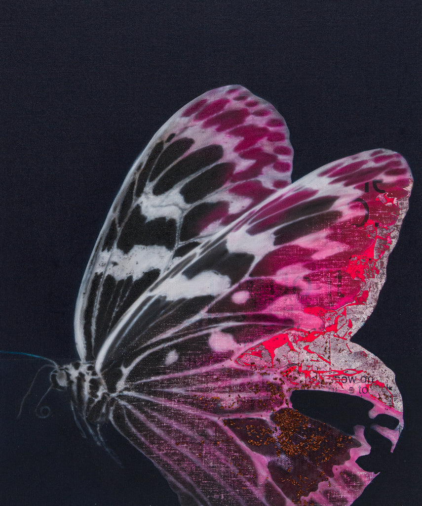 Cyborg Butterfly 8, YOSHIAKI NAKAMURA, 2026Acrylic paint, Washi paper, Silver leaf, Dye, Conductive ink, Copper wire, Hologram powder, Carbon fiber, Bone conduction speaker, Fluorescent pigment on framed canvas72.7 × 60.6 cm