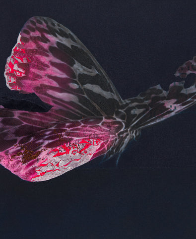 Cyborg Butterfly 9, YOSHIAKI NAKAMURA, 2026Acrylic paint, Washi paper, Silver leaf, Dye, Conductive ink, Copper wire, Hologram powder, Carbon fiber, Bone conduction speaker, Fluorescent pigment, Stitched burlap canvas, Framed canvas, Oil paint72.7 × 60.6 cm