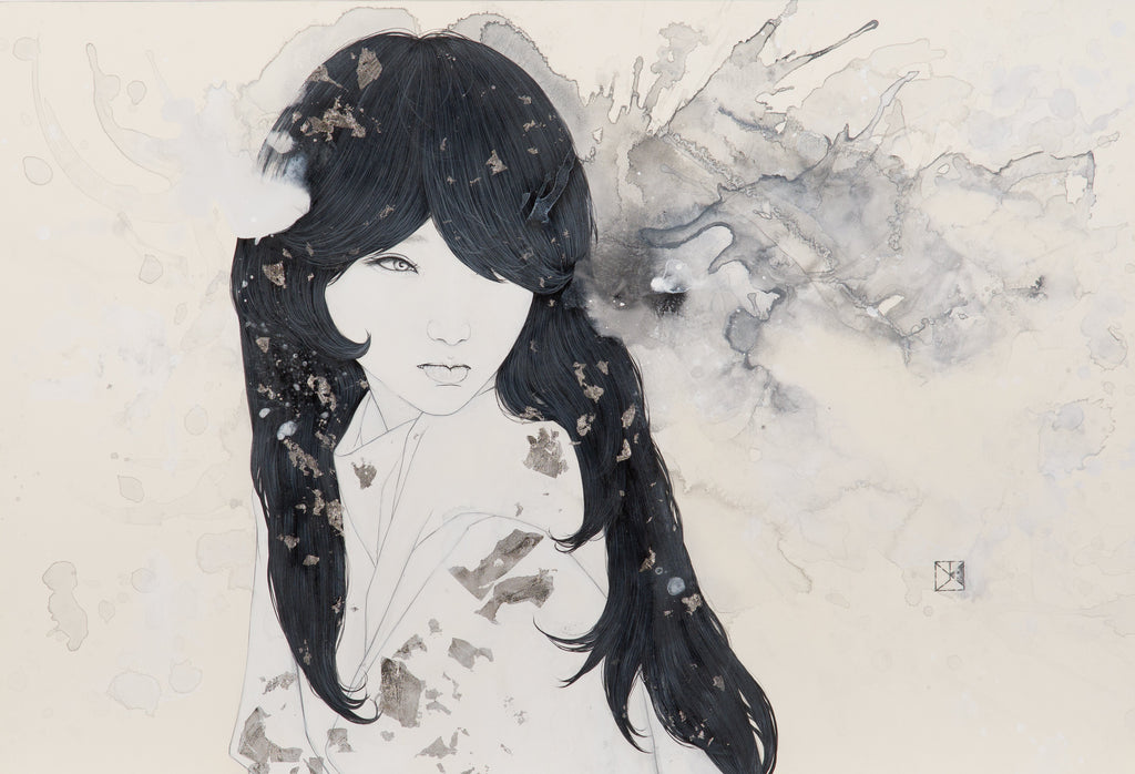 Revelation, YU KAWASHIMA, 2024Ink, Gofun, Mineral pigments, Platinum leaf on hemp paper50.0 × 72.7 cm