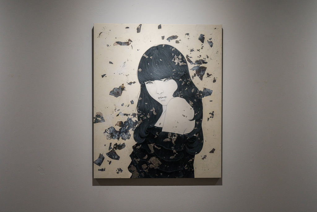 EROSION-Eater-, YU KAWASHIMA, 2024Ink, Gofun, Mineral pigments, Platinum and silver leaf on hemp paper72.7 × 60.6 cm