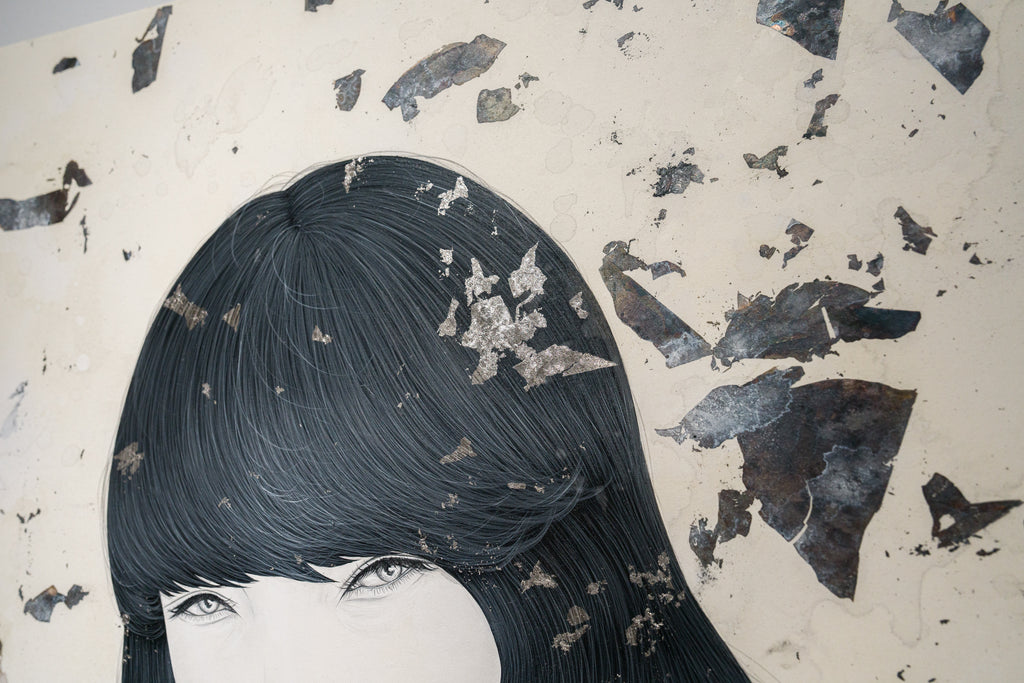 EROSION-Eater-, YU KAWASHIMA, 2024Ink, Gofun, Mineral pigments, Platinum and silver leaf on hemp paper72.7 × 60.6 cm