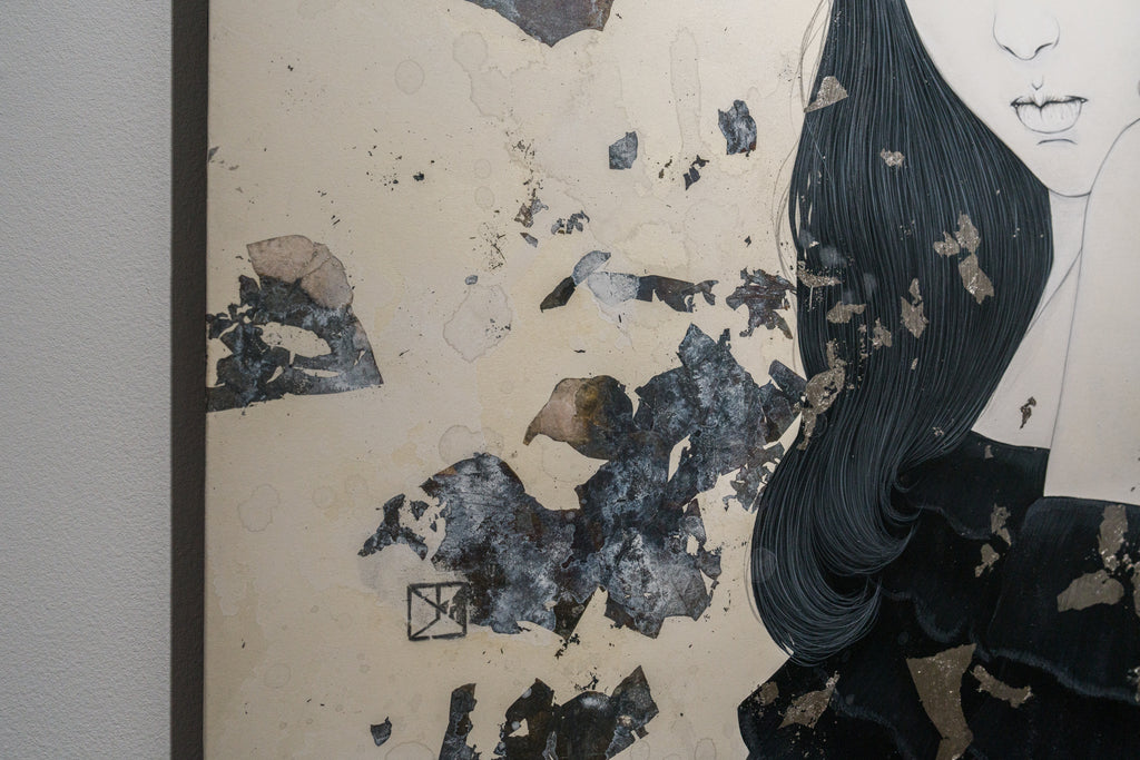 EROSION-Eater-, YU KAWASHIMA, 2024Ink, Gofun, Mineral pigments, Platinum and silver leaf on hemp paper72.7 × 60.6 cm