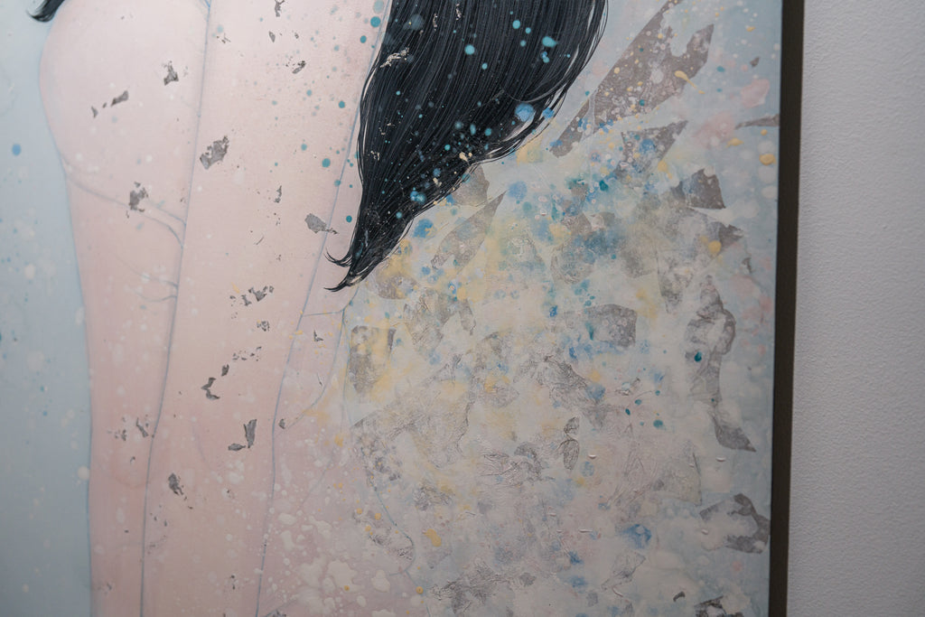 Purify, YU KAWASHIMA, 2025Mineral pigments, Ink, Platinum and silver leaf on hemp paper91.0 × 60.6 cm