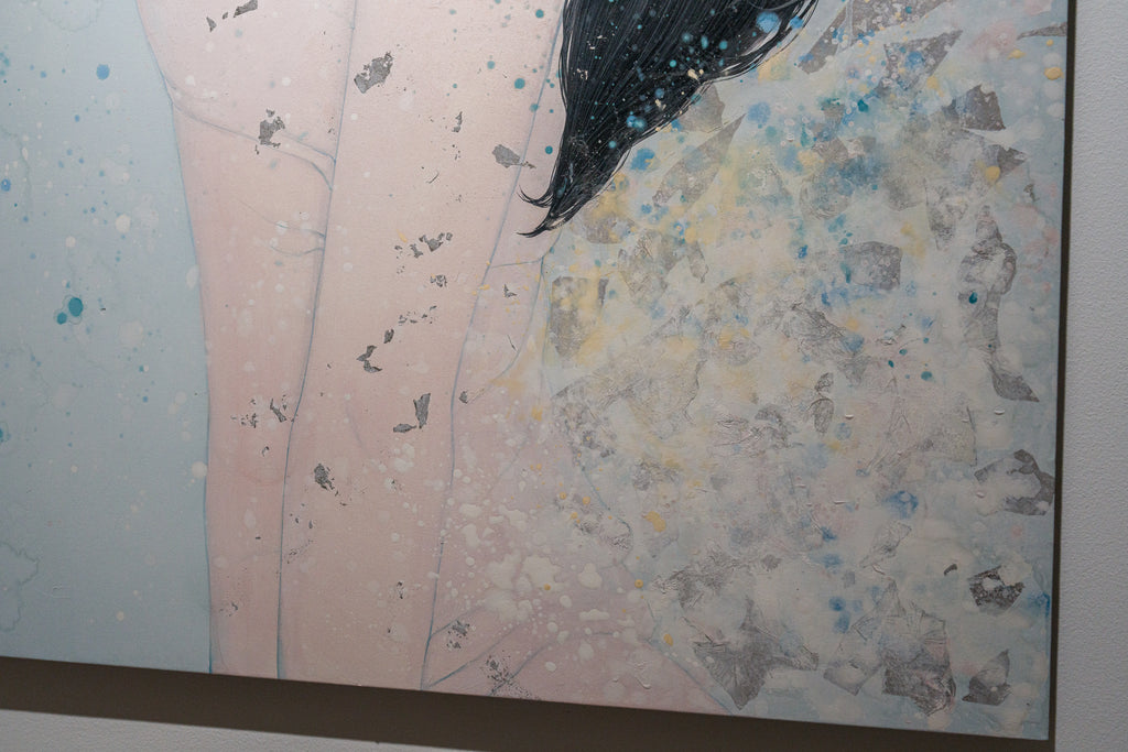 Purify, YU KAWASHIMA, 2025Mineral pigments, Ink, Platinum and silver leaf on hemp paper91.0 × 60.6 cm