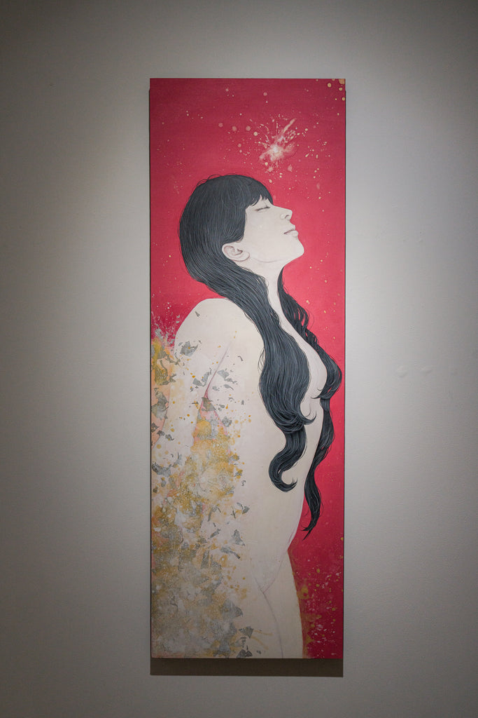 Rube do, YU KAWASHIMA, 2025Mineral pigments, Ink, Platinum and silver leaf on hemp paper120.0 × 40.0 cm