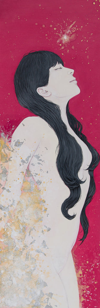 Rube do, YU KAWASHIMA, 2025Mineral pigments, Ink, Platinum and silver leaf on hemp paper120.0 × 40.0 cm