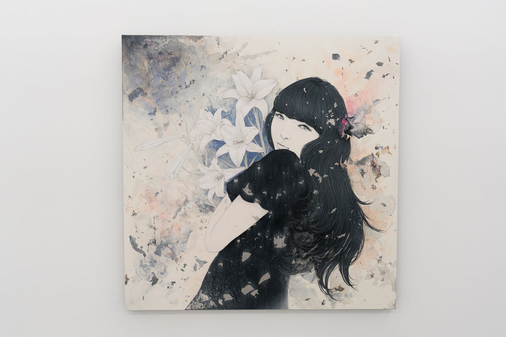 Leia, YU KAWASHIMA, 2025Ink, Mineral pigments, Silver and Platinum leaf on hemp paper91.0 × 91.0 cm