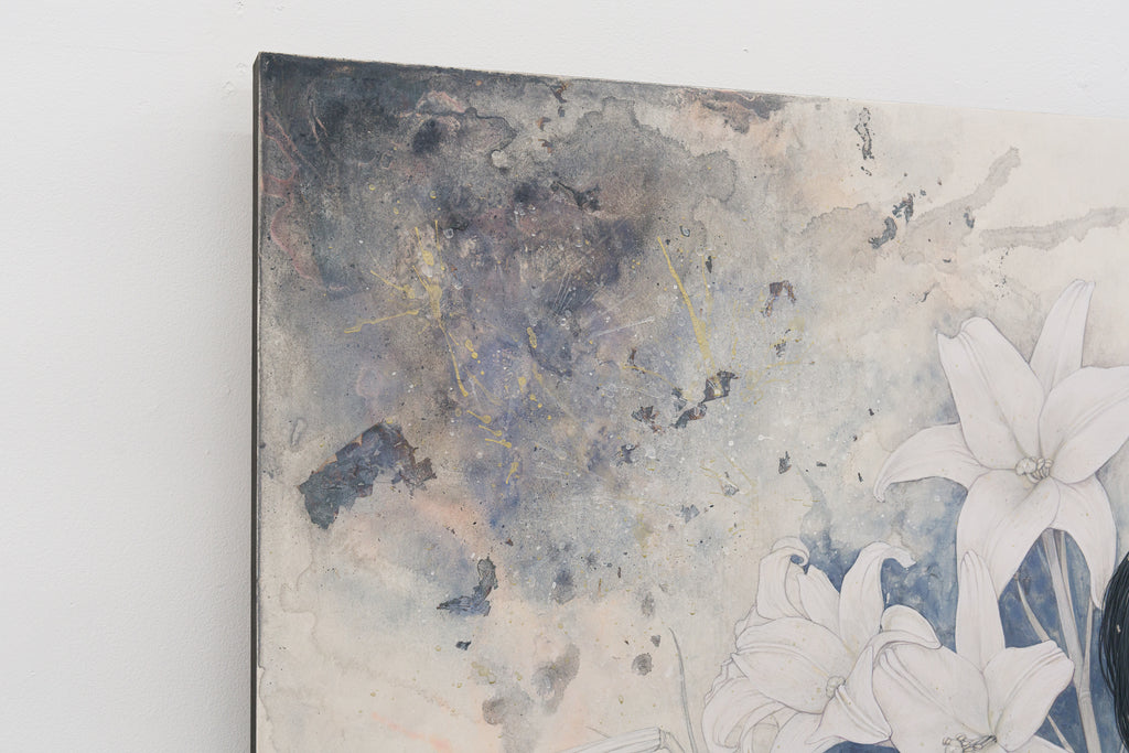 Leia, YU KAWASHIMA, 2025Ink, Mineral pigments, Silver and Platinum leaf on hemp paper91.0 × 91.0 cm