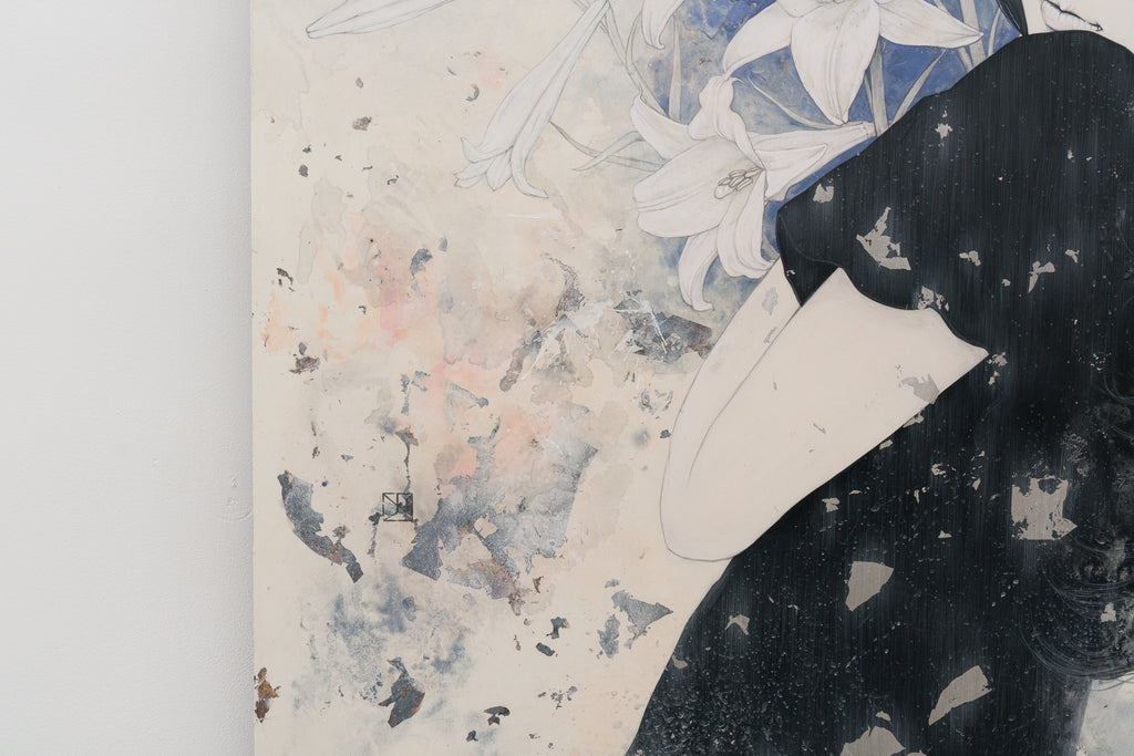 Leia, YU KAWASHIMA, 2025Ink, Mineral pigments, Silver and Platinum leaf on hemp paper91.0 × 91.0 cm