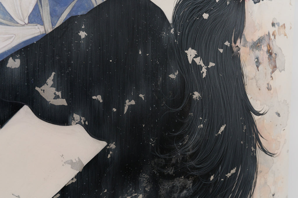 Leia, YU KAWASHIMA, 2025Ink, Mineral pigments, Silver and Platinum leaf on hemp paper91.0 × 91.0 cm