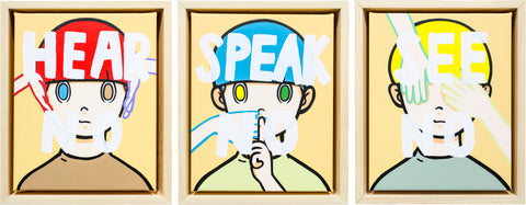 See no Speak no Hear no, YUYA HASHIZUME, 2025Acrylic on canvas / Wood flame27.3 × 22.0 cm (set of 3)