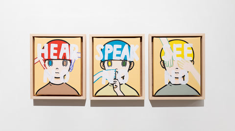 See no Speak no Hear no, YUYA HASHIZUME, 2025Acrylic on canvas / Wood flame27.3 × 22.0 cm (set of 3)