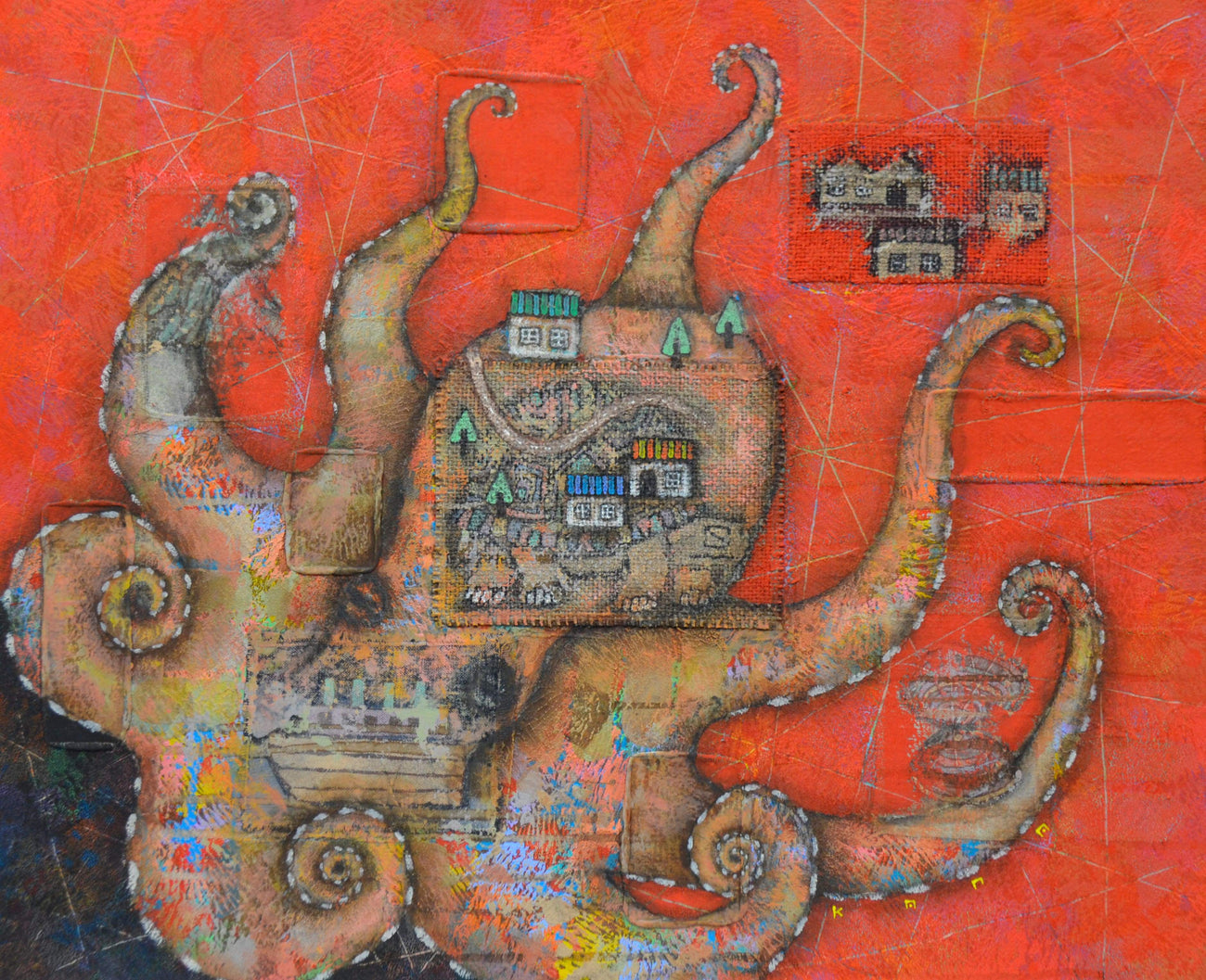 記憶的城鎮 -章魚, YUJI KANAMARU, 2019Mineral pigments and acrylic on board53.0 × 65.2 cm