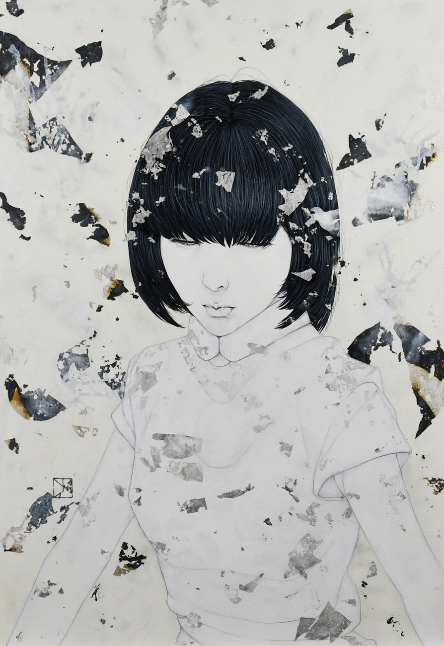 EROSION, YU KAWASHIMA, 2023Silver leaf, mineral pigments, ink on hemp paper72.7 × 50.0 cm