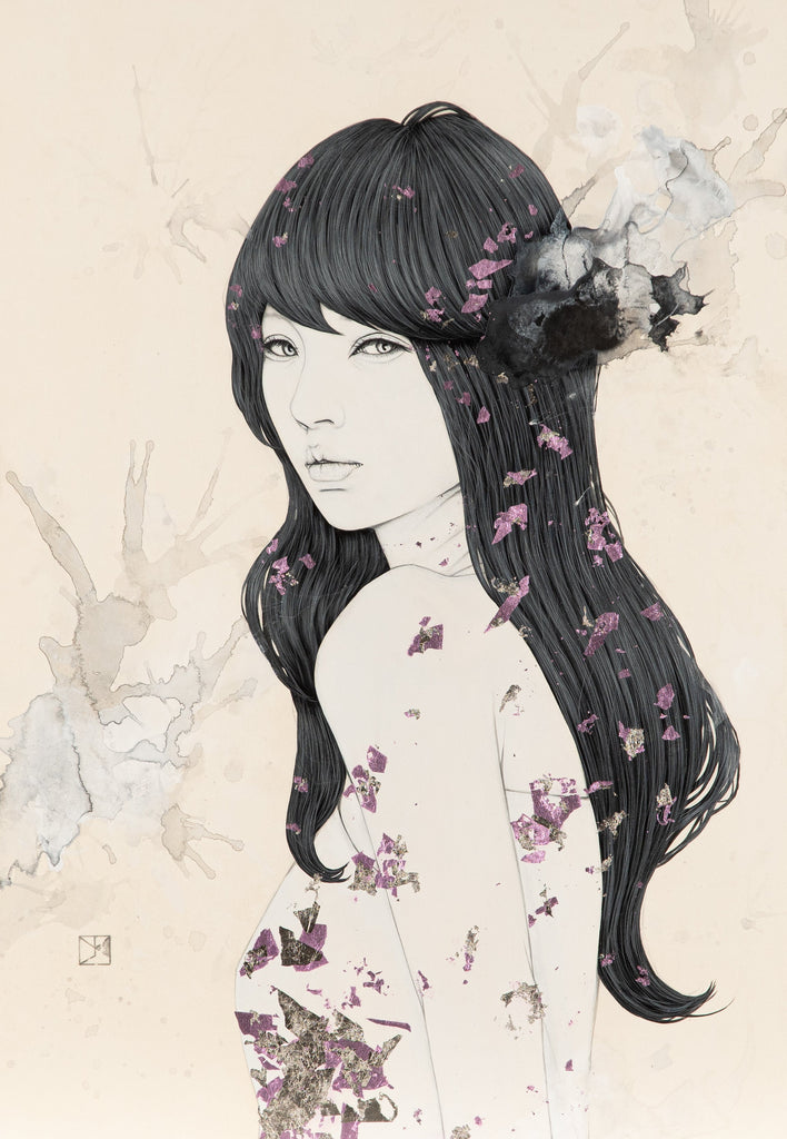 Regard, YU KAWASHIMA, 2023Platinum foil, silver leaf, mineral pigments, ink on hemp paper72.7 × 50.0 cm