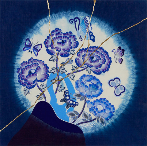 Peony Butterfly - Japan Blue - #1, KOHEI KYOMORI, 2023Mineral pigments, resin, indigo dyeing, inkjet print, cloth on panel60.6 × 60.6 × 2.4  cm