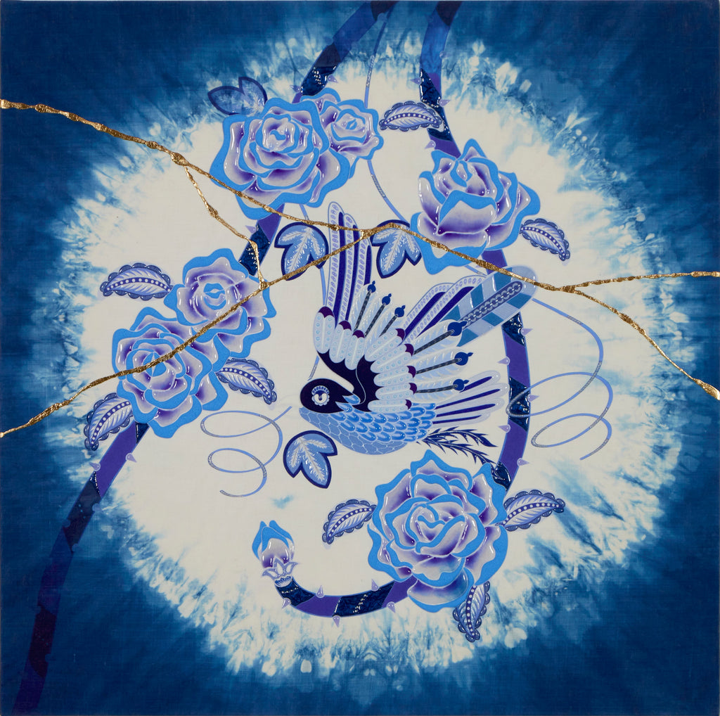 Rose Bird - Japan Blue - #1, KOHEI KYOMORI, 2023Mineral pigments, resin, indigo dyeing, inkjet print, cloth on panel60.6 × 60.6 × 2.4  cm