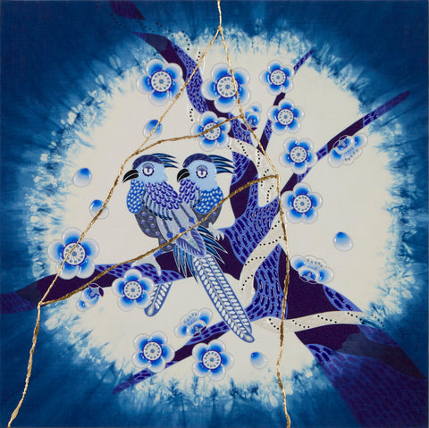 Plum Blossom Birds - Japan Blue - #1, KOHEI KYOMORI, 2023Mineral pigments, resin, indigo dyeing, inkjet print, cloth on panel60.6 × 60.6 × 2.4  cm