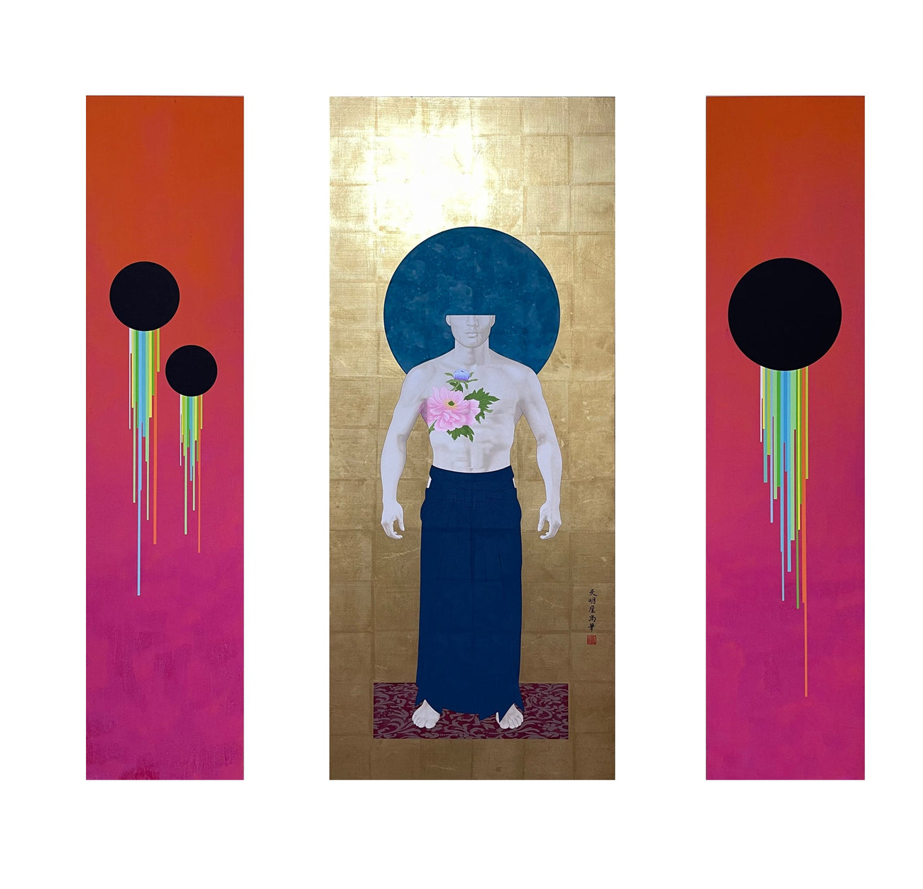 Hana - Aura, TENMYOUYA HISASHI, 2022Black Gesso, Acrylic, Wood, Gold Leaf150.0 × 35.0 × 2.7, 150.0 × 63.0 × 3.3, 150.0 × 35.0 × 2.7cm